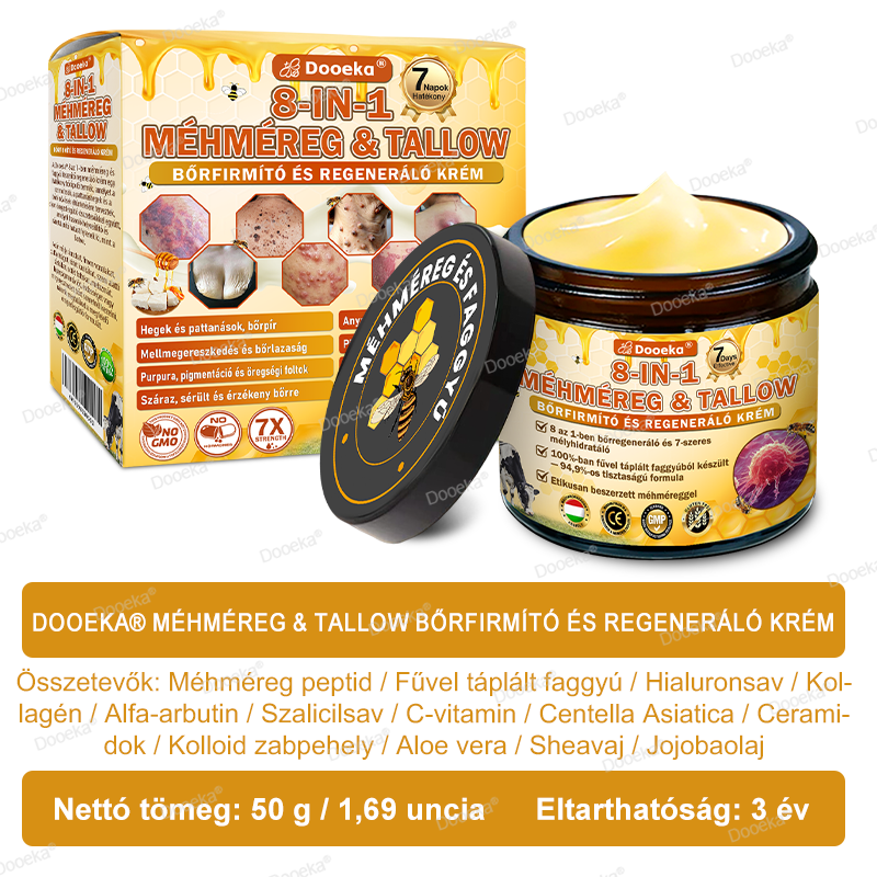 💛💛💛Dooeka® 𝟖-𝐈𝐧-𝟏 Méhméreg & Tallow Bőrfirmító és Regeneráló Krém(7 napon belül hatékony) Méhméreg + Tallow · 7X Mélyhidratálás, célozza meg a ráncokat, megereszkedést, striákat, sötét foltokat, purpurát, gyulladásokat és még sok mást.