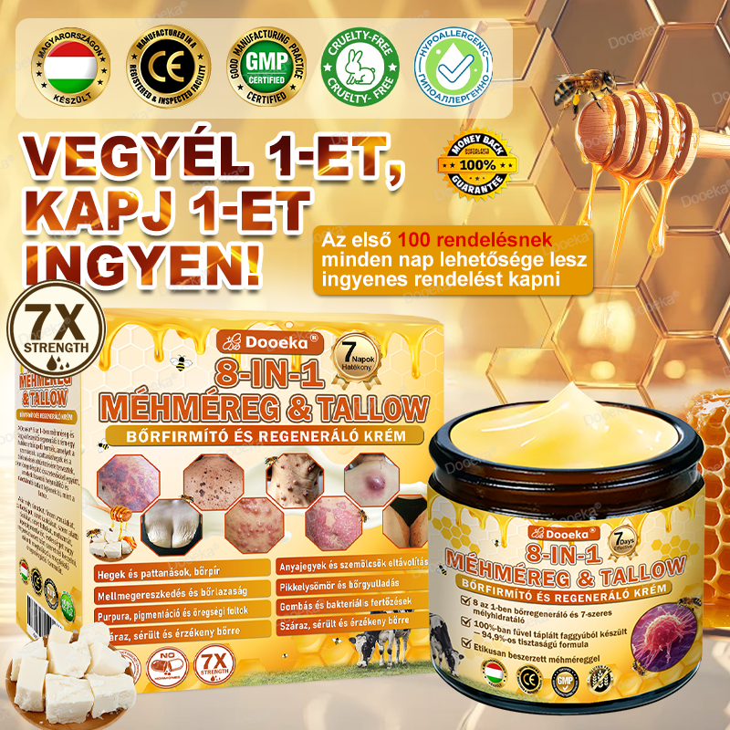 💛💛💛Dooeka® 𝟖-𝐈𝐧-𝟏 Méhméreg & Tallow Bőrfirmító és Regeneráló Krém(7 napon belül hatékony) Méhméreg + Tallow · 7X Mélyhidratálás, célozza meg a ráncokat, megereszkedést, striákat, sötét foltokat, purpurát, gyulladásokat és még sok mást.