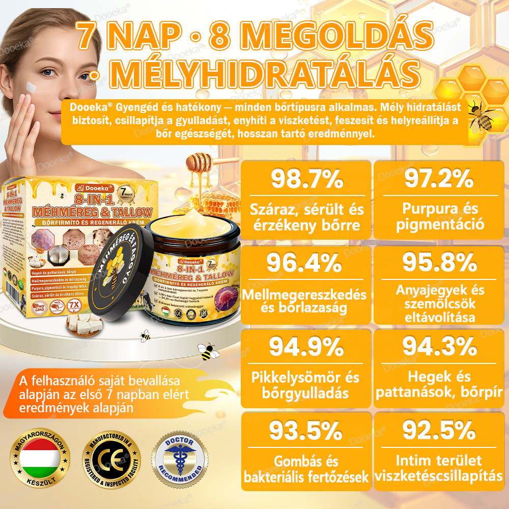 💛💛💛Dooeka® 𝟖-𝐈𝐧-𝟏 Méhméreg & Tallow Bőrfirmító és Regeneráló Krém(7 napon belül hatékony) Méhméreg + Tallow · 7X Mélyhidratálás, célozza meg a ráncokat, megereszkedést, striákat, sötét foltokat, purpurát, gyulladásokat és még sok mást.