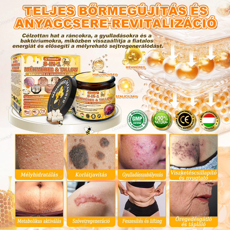 💛💛💛Dooeka® 𝟖-𝐈𝐧-𝟏 Méhméreg & Tallow Bőrfirmító és Regeneráló Krém(7 napon belül hatékony) Méhméreg + Tallow · 7X Mélyhidratálás, célozza meg a ráncokat, megereszkedést, striákat, sötét foltokat, purpurát, gyulladásokat és még sok mást.